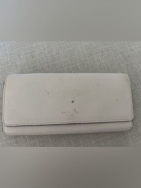 Coach Light Beige Foldover Leather Wallet with Gold Logo